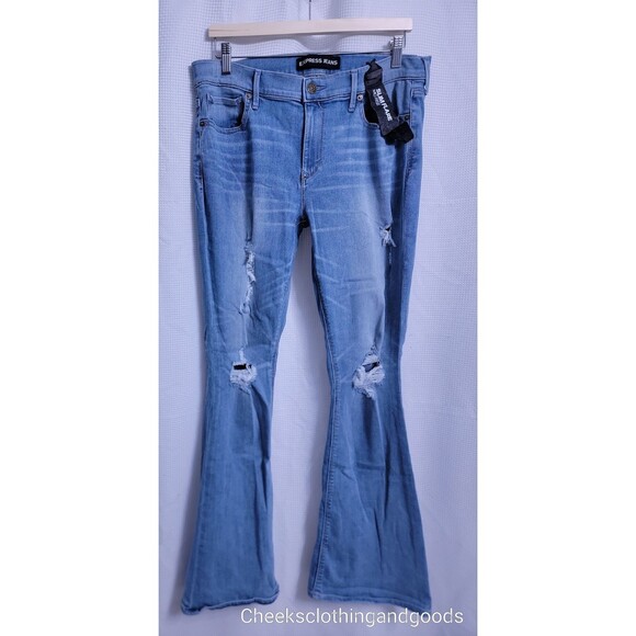 NWT Express Jeans Slim Flare Mid-Rise 70s Flare Distressed Women's size 12R - Picture 1 of 5